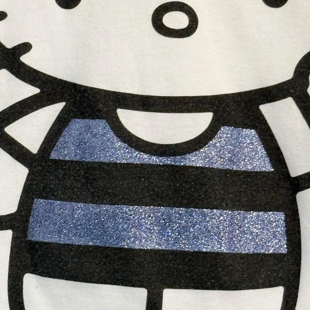 Hello Kitty Youth Tee 8/10 White Glitter Bow Graphic Cap Sleeve Sanrio Kawaii